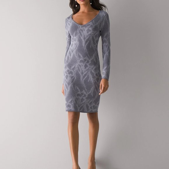 NWT WHBM Jacquard Sweater Dress, Gray Knit V-Neck Size Small - Picture 2 of 4